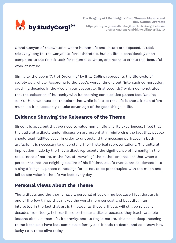 The Fragility of Life: Insights from Thomas Moran's and Billy Collins' Artifacts. Page 2