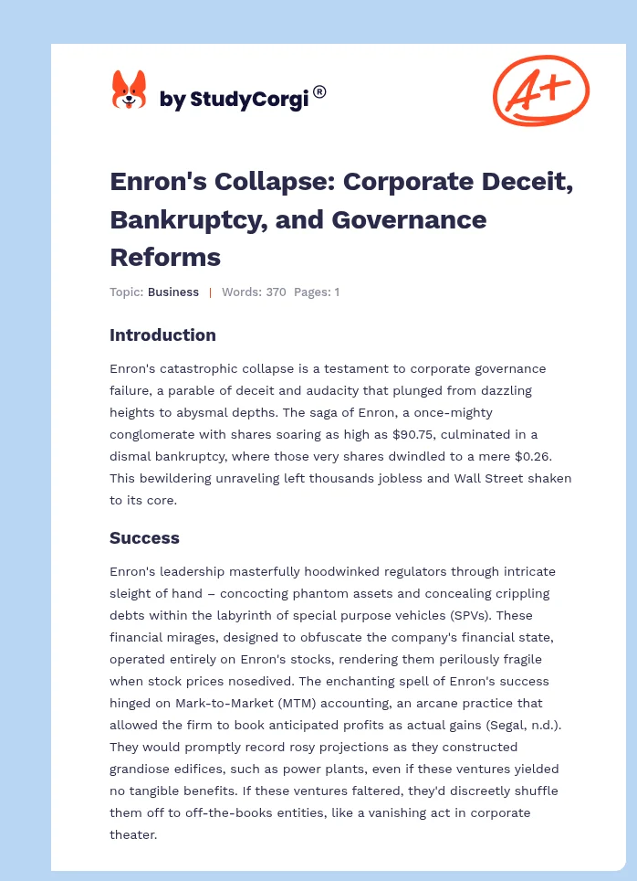 Enron's Collapse: Corporate Deceit, Bankruptcy, and Governance Reforms. Page 1