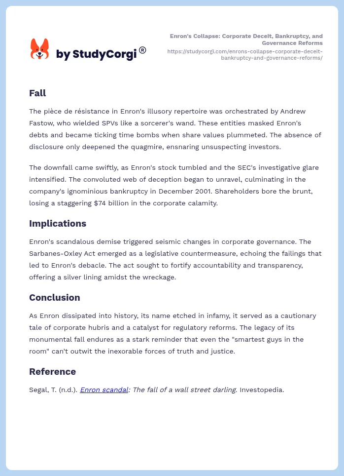 Enron's Collapse: Corporate Deceit, Bankruptcy, and Governance Reforms. Page 2