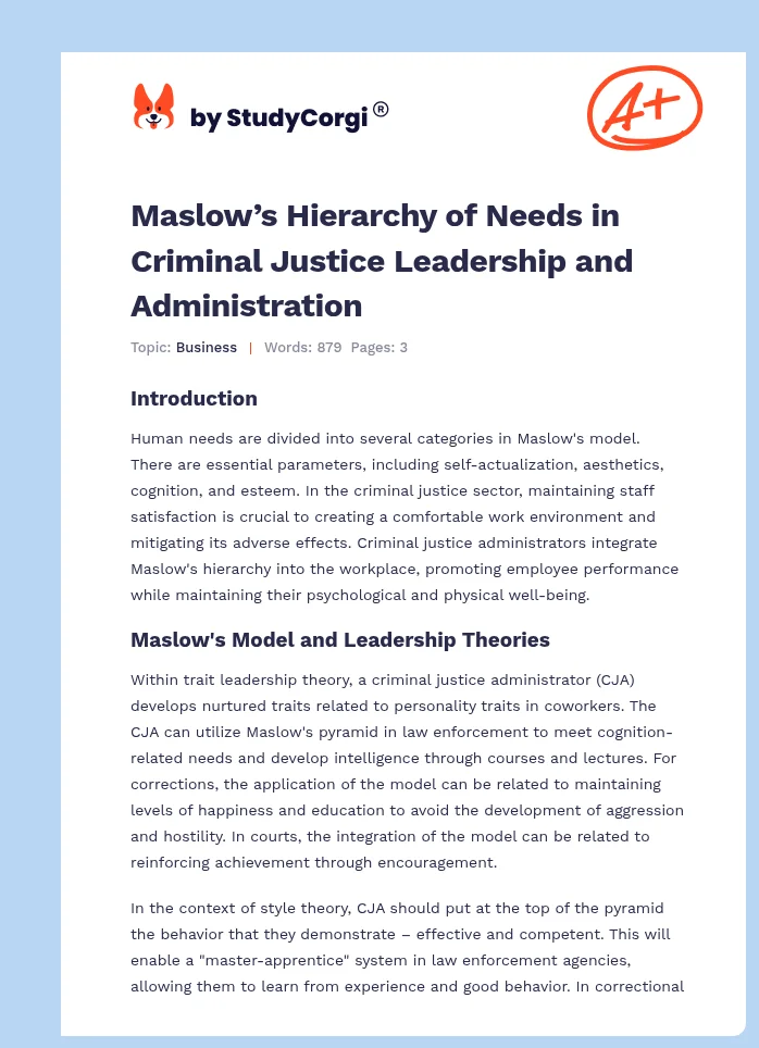 Maslow’s Hierarchy of Needs in Criminal Justice Leadership and Administration. Page 1