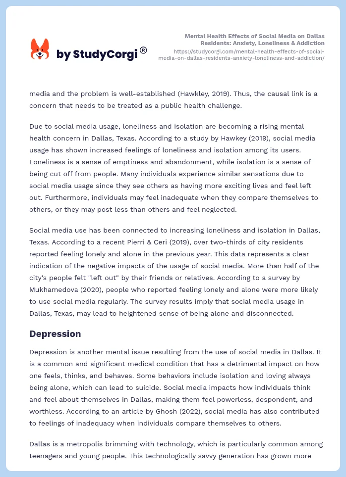 Mental Health Effects of Social Media on Dallas Residents: Anxiety, Loneliness & Addiction. Page 2
