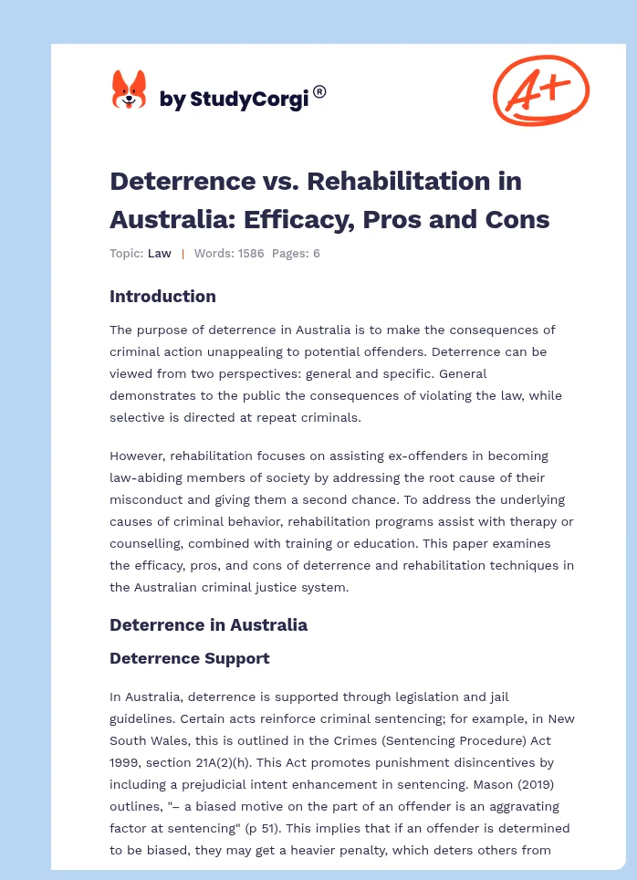 Deterrence vs. Rehabilitation in Australia: Efficacy, Pros and Cons. Page 1