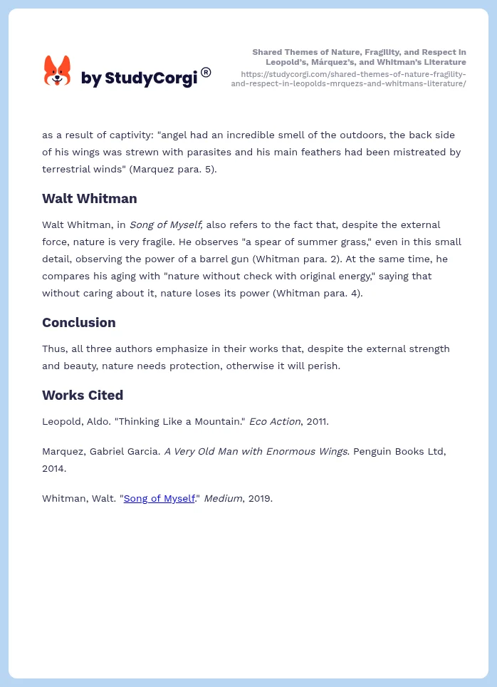 Shared Themes of Nature, Fragility, and Respect in Leopold’s, Márquez’s, and Whitman’s Literature. Page 2