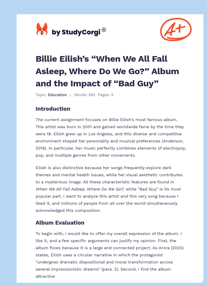 Billie Eilish’s “When We All Fall Asleep, Where Do We Go?” Album and the Impact of “Bad Guy”. Page 1
