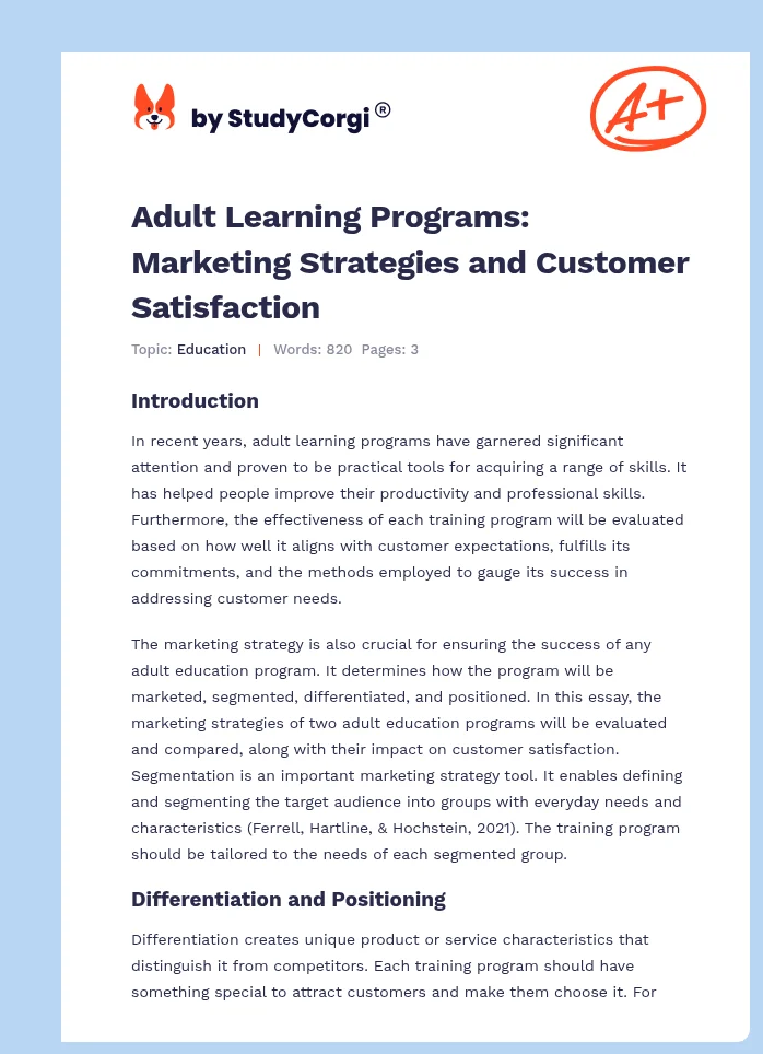 Adult Learning Programs: Marketing Strategies and Customer Satisfaction. Page 1