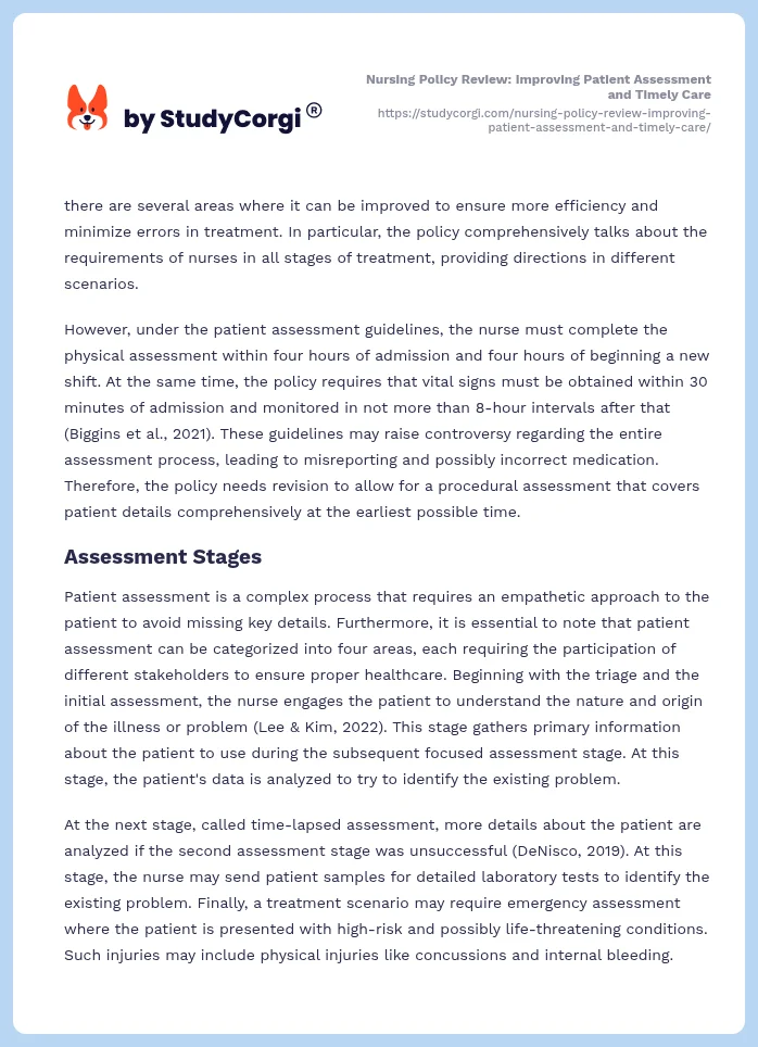 Nursing Policy Review: Improving Patient Assessment and Timely Care. Page 2