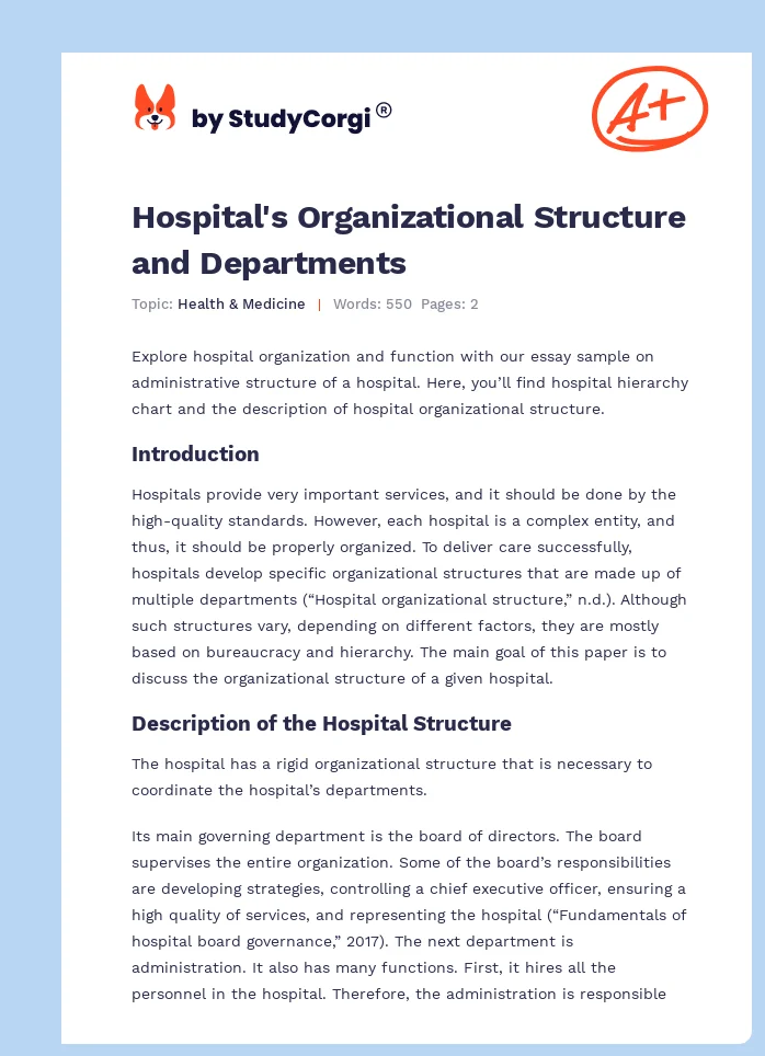 Hospital's Organizational Structure and Departments. Page 1