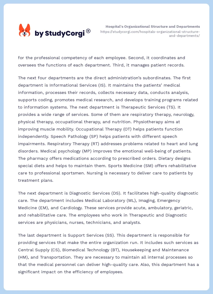 Hospital's Organizational Structure and Departments. Page 2