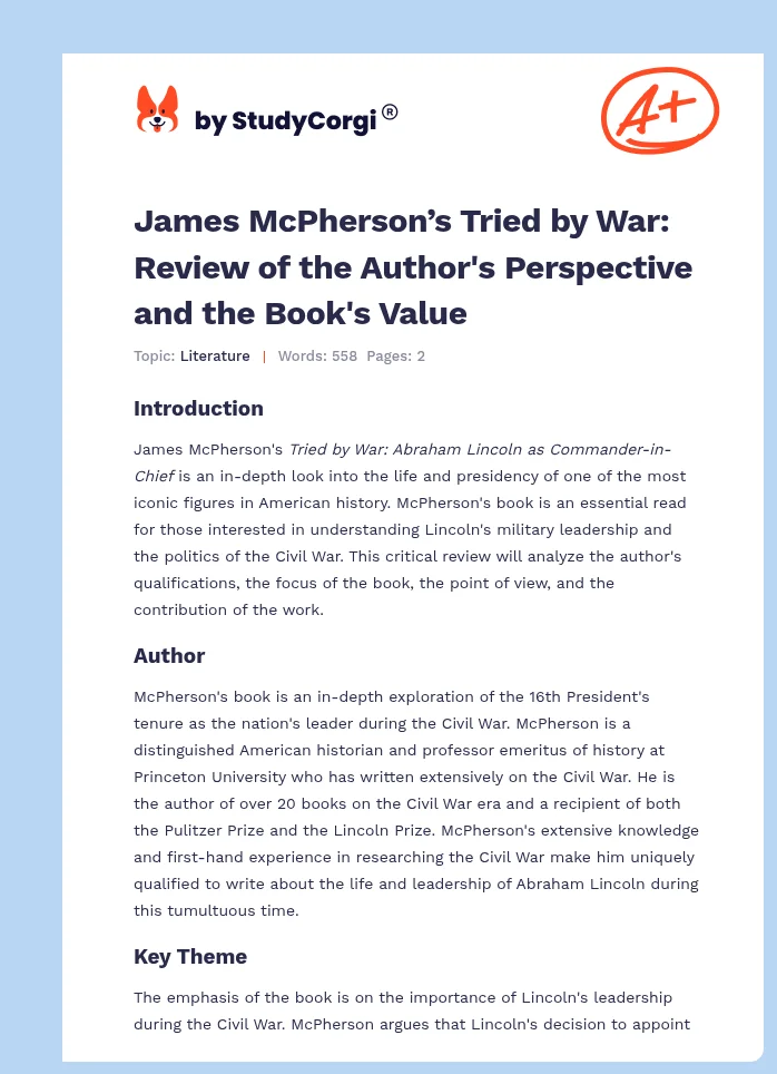 James McPherson’s Tried by War: Review of the Author's Perspective and the Book's Value. Page 1
