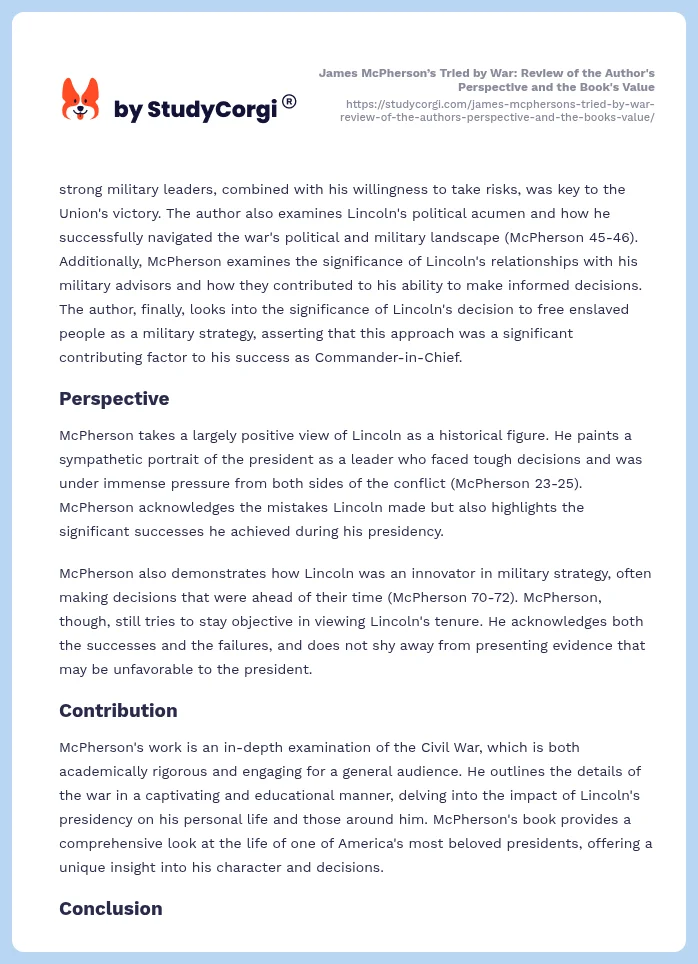 James McPherson’s Tried by War: Review of the Author's Perspective and the Book's Value. Page 2