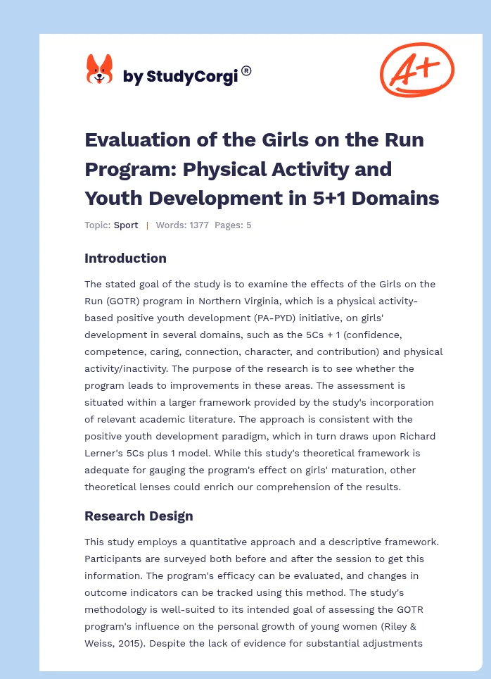 Evaluation of the Girls on the Run Program: Physical Activity and Youth Development in 5+1 Domains. Page 1