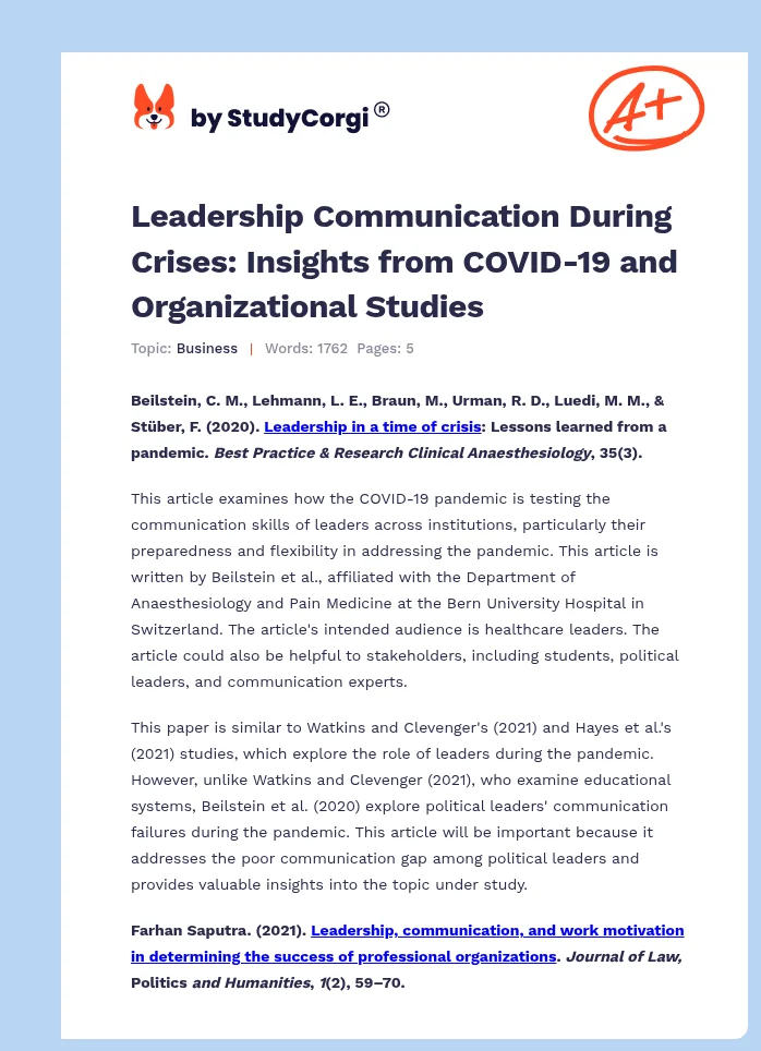 Leadership Communication During Crises: Insights from COVID-19 and Organizational Studies. Page 1