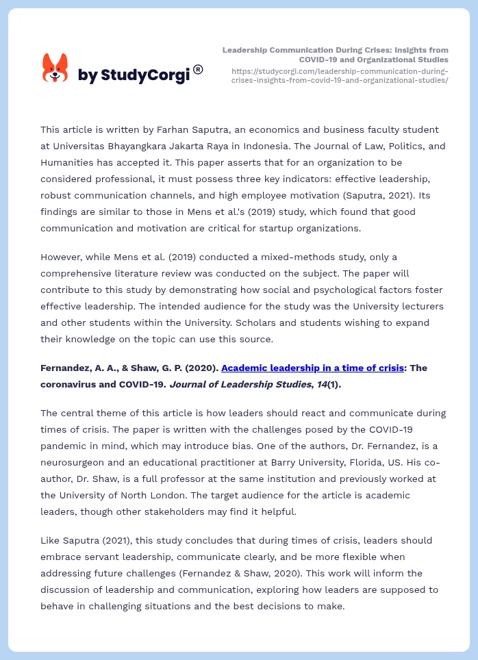 Leadership Communication During Crises: Insights from COVID-19 and Organizational Studies. Page 2