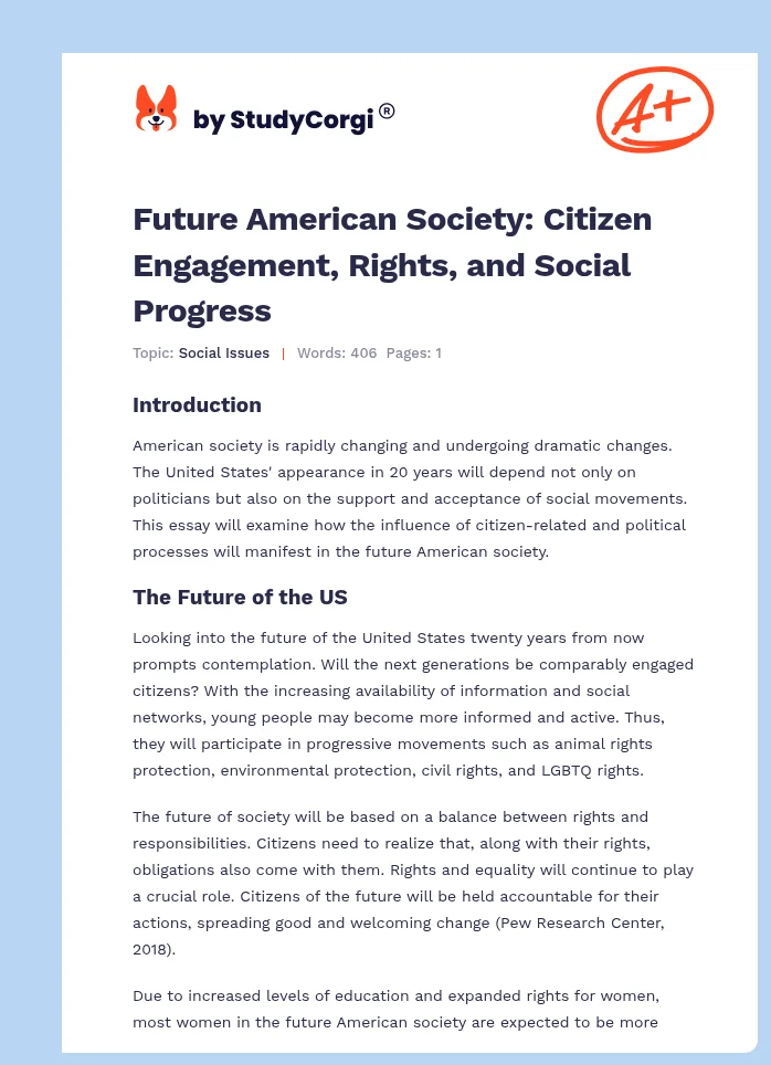 Future American Society: Citizen Engagement, Rights, and Social Progress. Page 1