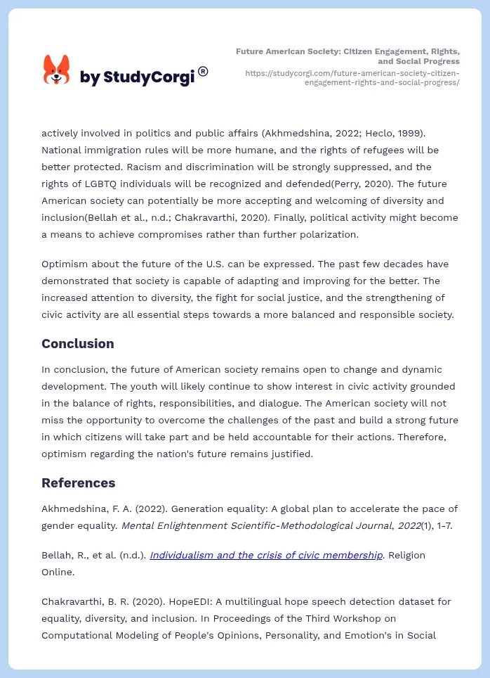 Future American Society: Citizen Engagement, Rights, and Social Progress. Page 2