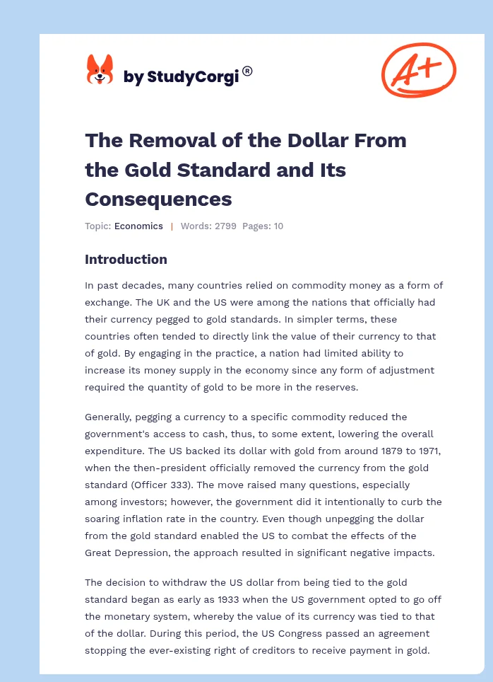 The Removal of the Dollar From the Gold Standard and Its Consequences. Page 1