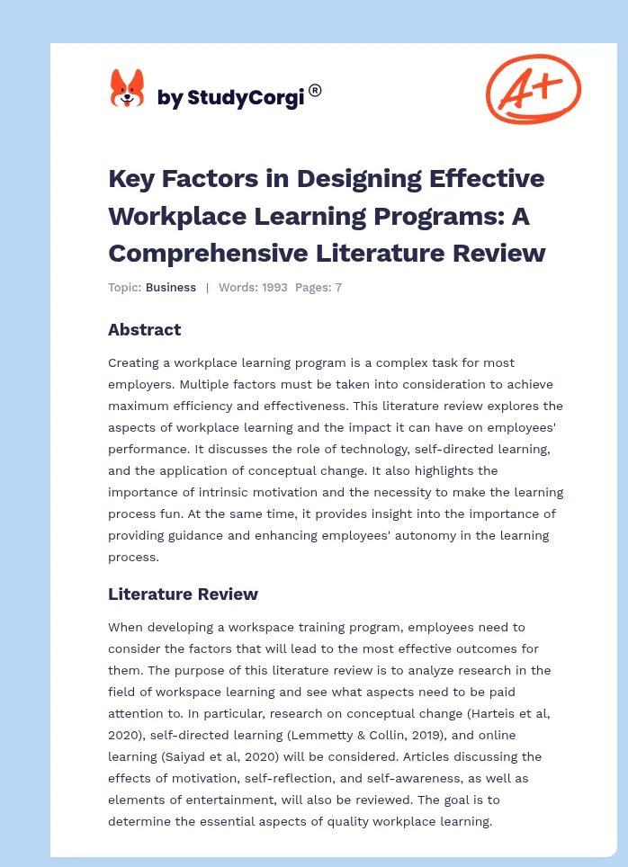 Key Factors in Designing Effective Workplace Learning Programs: A Comprehensive Literature Review. Page 1