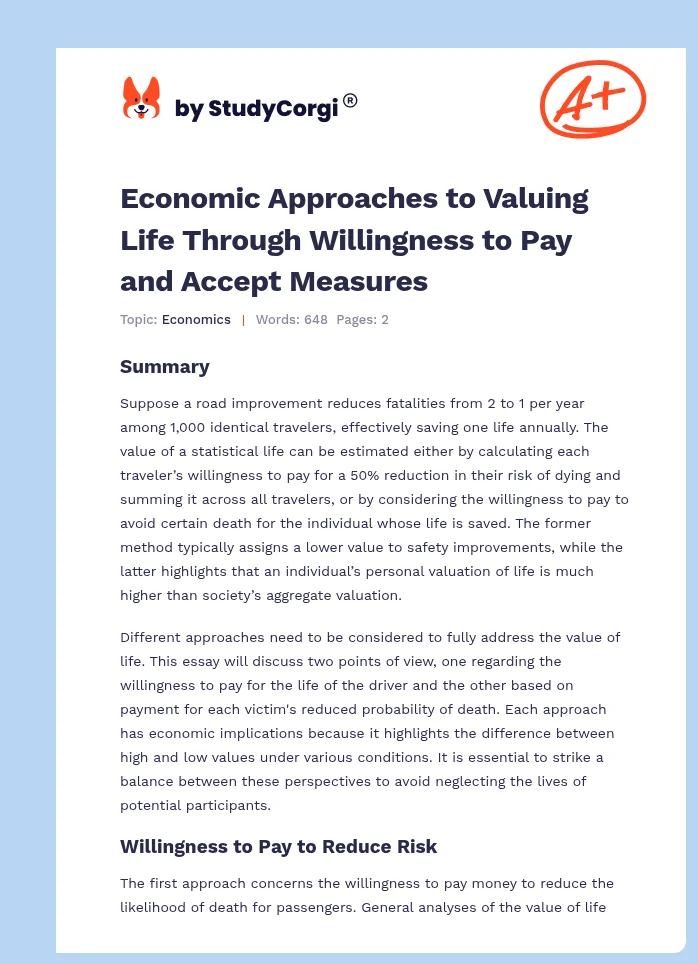 Economic Approaches to Valuing Life Through Willingness to Pay and Accept Measures. Page 1