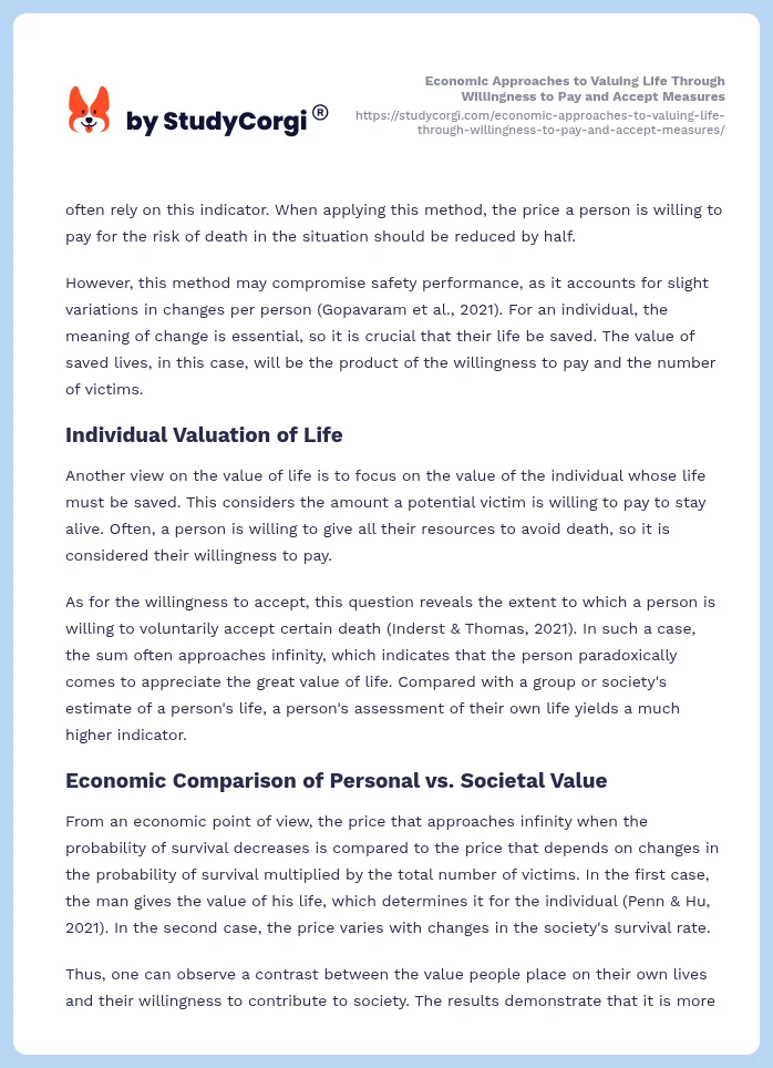 Economic Approaches to Valuing Life Through Willingness to Pay and Accept Measures. Page 2