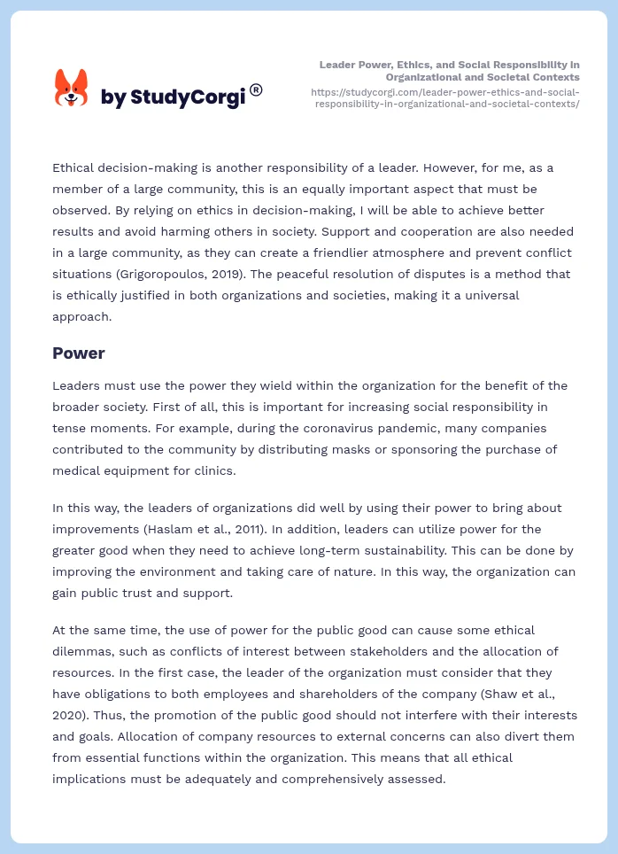 Leader Power, Ethics, and Social Responsibility in Organizational and Societal Contexts. Page 2