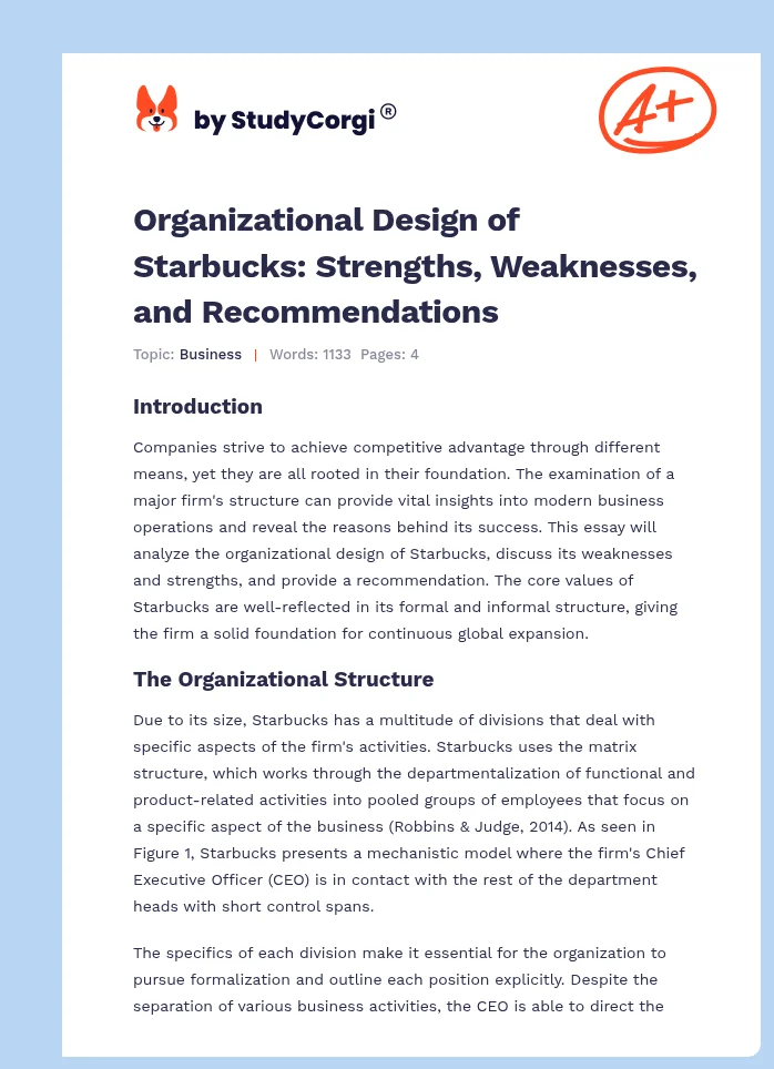 Organizational Design of Starbucks: Strengths, Weaknesses, and Recommendations. Page 1