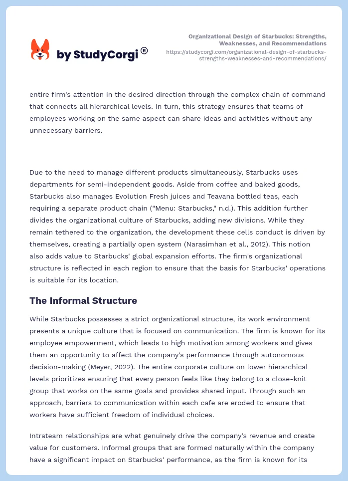 Organizational Design of Starbucks: Strengths, Weaknesses, and Recommendations. Page 2