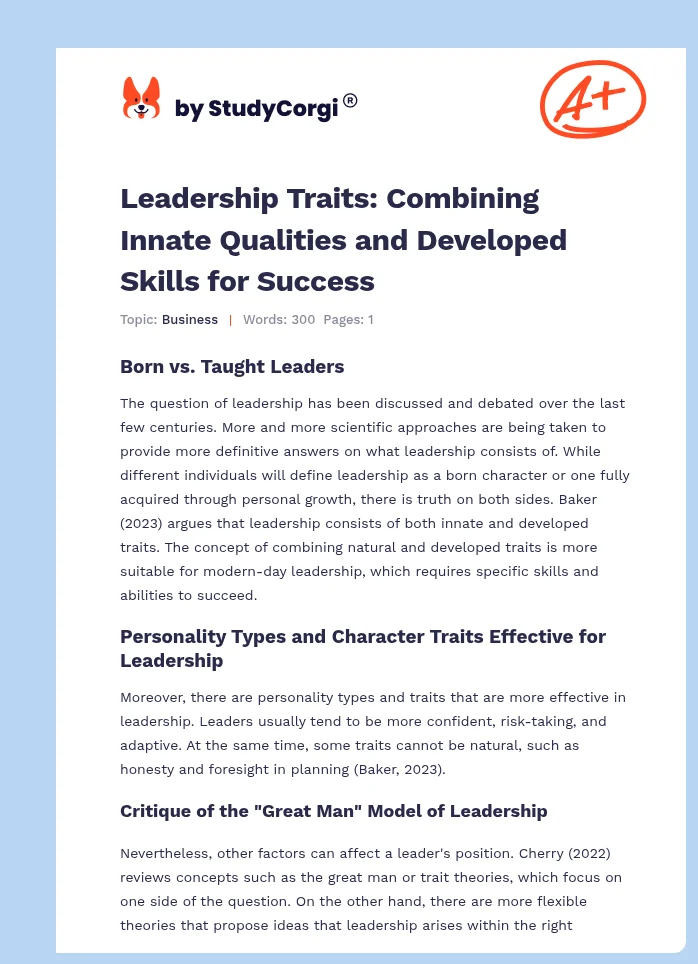 Leadership Traits: Combining Innate Qualities and Developed Skills for Success. Page 1