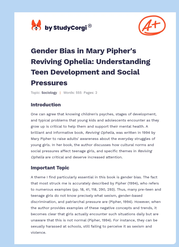 Gender Bias in Mary Pipher's Reviving Ophelia: Understanding Teen Development and Social Pressures. Page 1