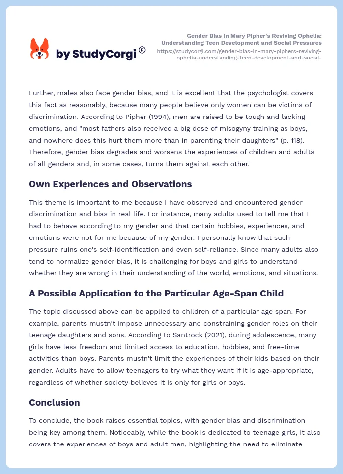 Gender Bias in Mary Pipher's Reviving Ophelia: Understanding Teen Development and Social Pressures. Page 2