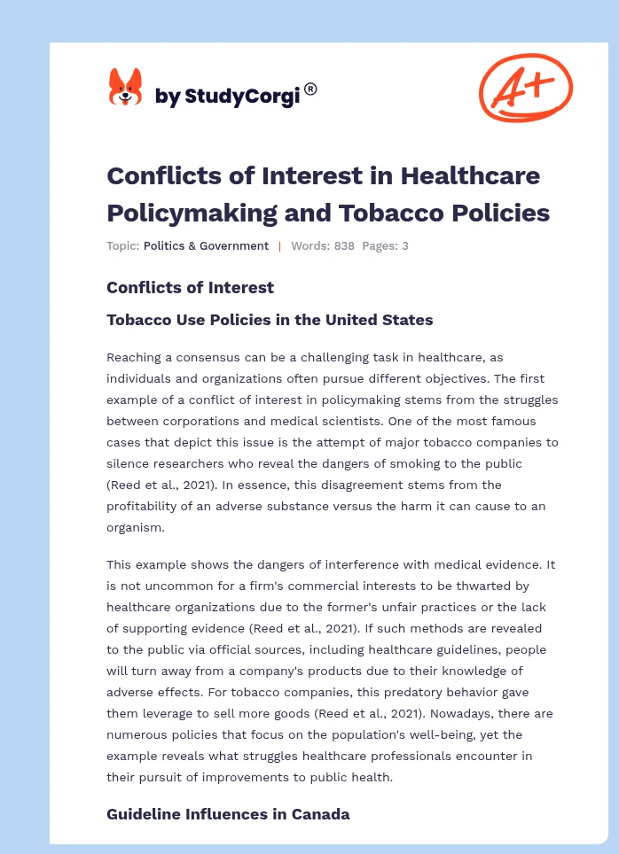 Conflicts of Interest in Healthcare Policymaking and Tobacco Policies. Page 1
