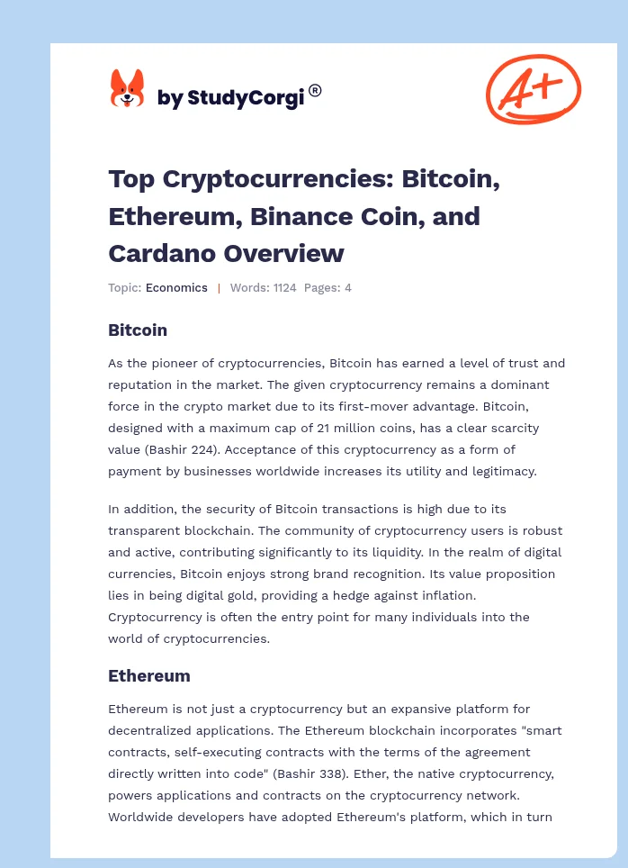 Top Cryptocurrencies: Bitcoin, Ethereum, Binance Coin, and Cardano Overview. Page 1