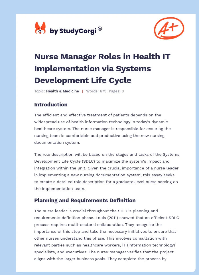 Nurse Manager Roles in Health IT Implementation via Systems Development Life Cycle. Page 1