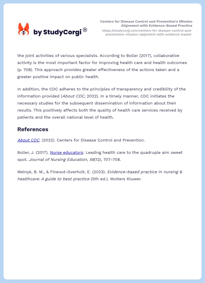 Centers for Disease Control and Prevention's Mission Alignment with Evidence-Based Practice. Page 2