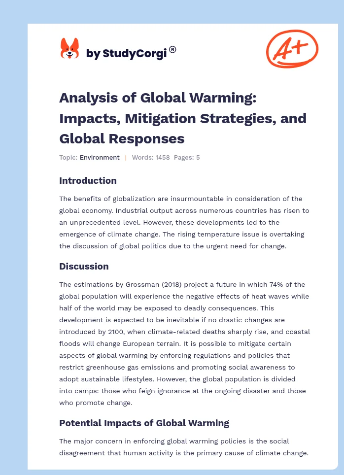Analysis of Global Warming: Impacts, Mitigation Strategies, and Global Responses. Page 1