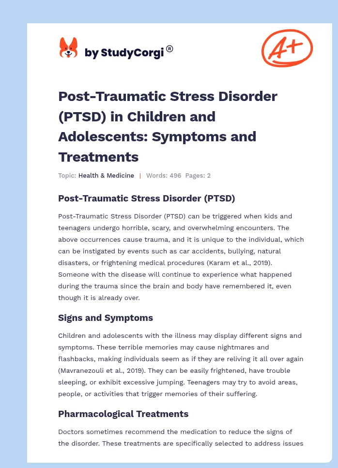 Post-Traumatic Stress Disorder (PTSD) in Children and Adolescents: Symptoms and Treatments. Page 1