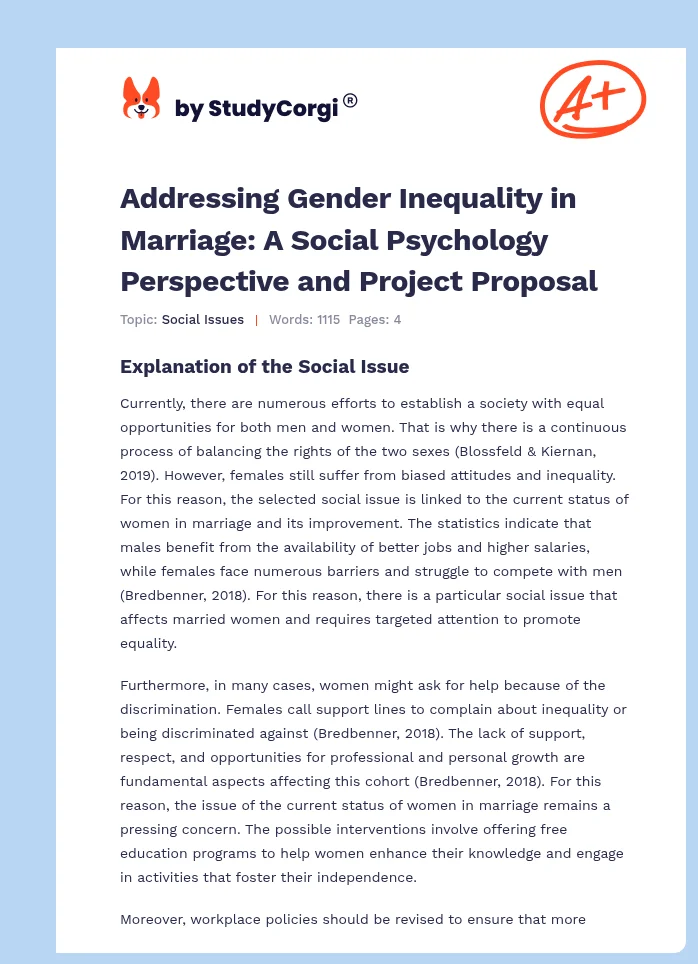 Addressing Gender Inequality in Marriage: A Social Psychology Perspective and Project Proposal. Page 1