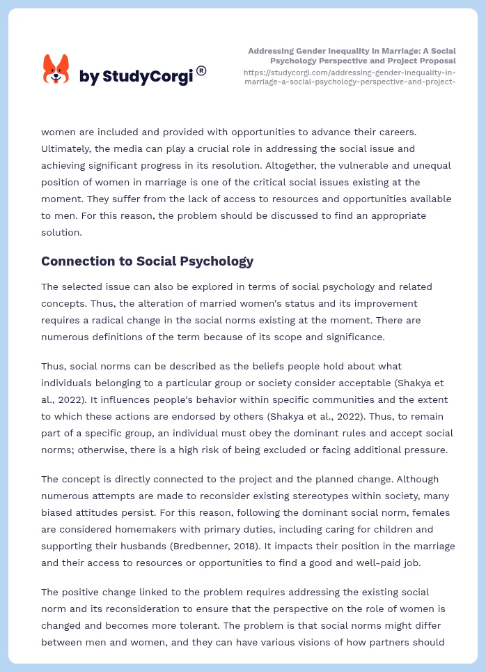 Addressing Gender Inequality in Marriage: A Social Psychology Perspective and Project Proposal. Page 2