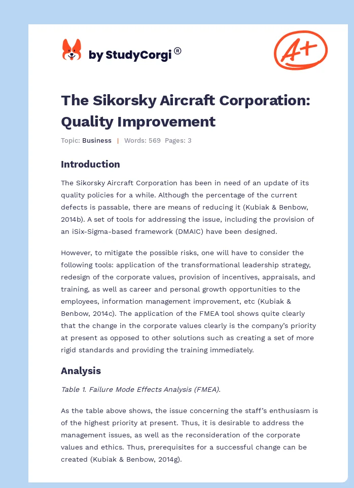 The Sikorsky Aircraft Corporation: Quality Improvement. Page 1