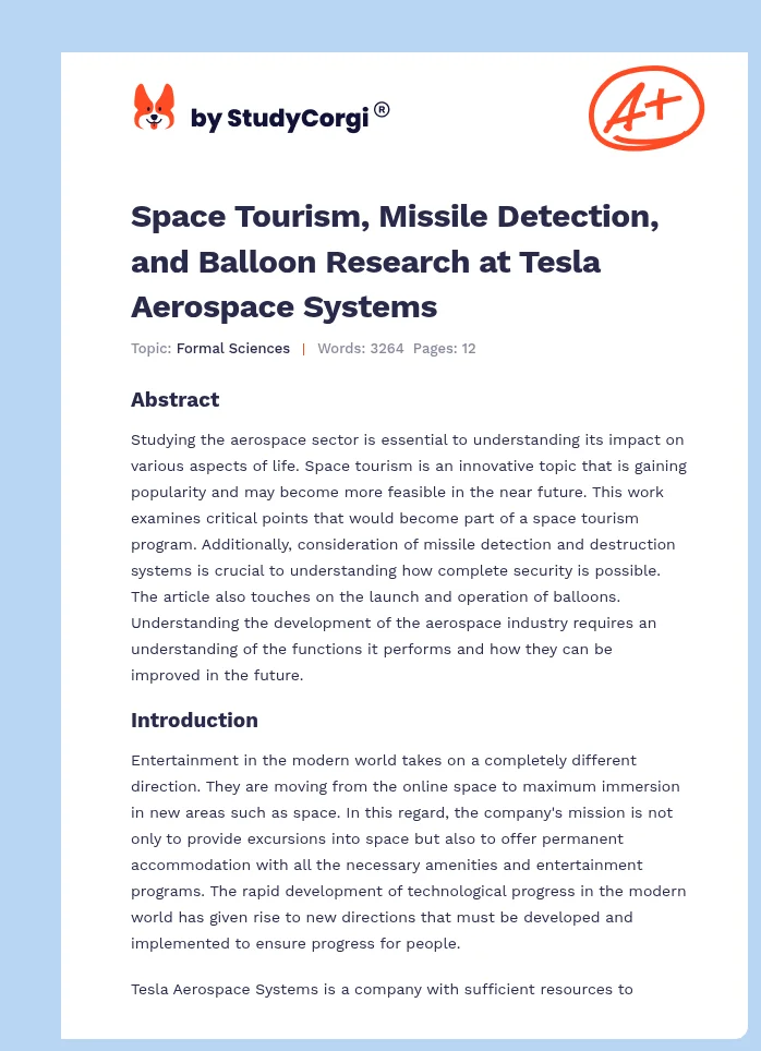 Space Tourism, Missile Detection, and Balloon Research at Tesla Aerospace Systems. Page 1