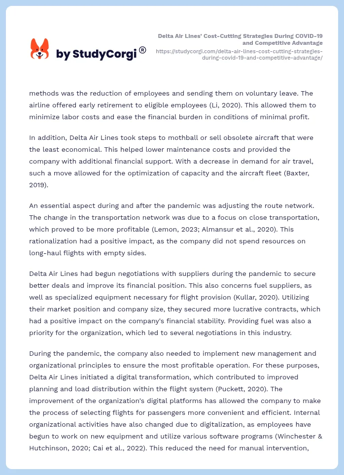 Delta Air Lines’ Cost-Cutting Strategies During COVID-19 and Competitive Advantage. Page 2