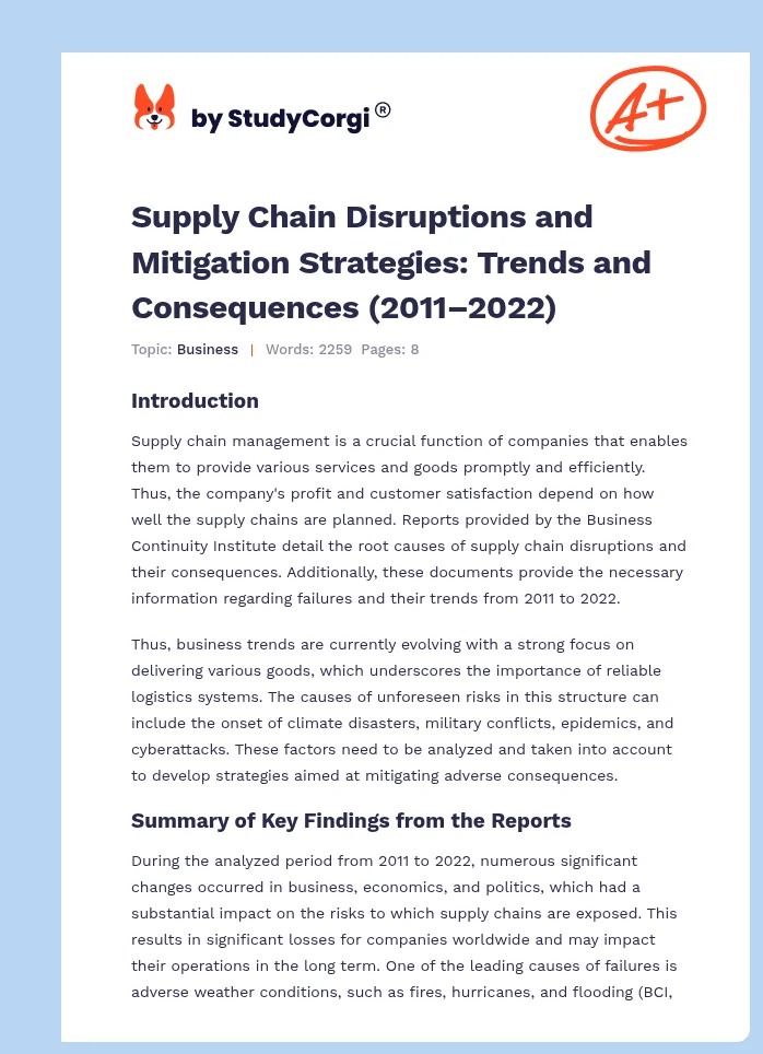 Supply Chain Disruptions and Mitigation Strategies: Trends and Consequences (2011–2022). Page 1