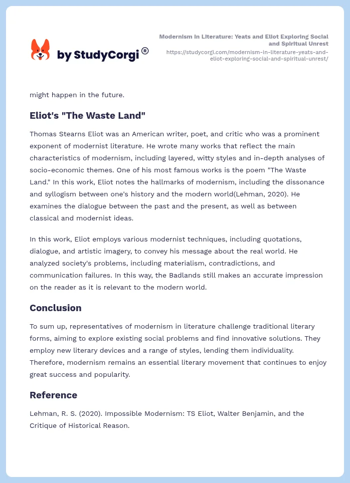 Modernism in Literature: Yeats and Eliot Exploring Social and Spiritual Unrest. Page 2