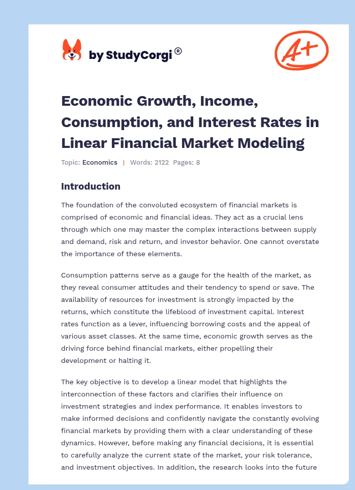 Economic Growth, Income, Consumption, and Interest Rates in Linear Financial Market Modeling. Page 1