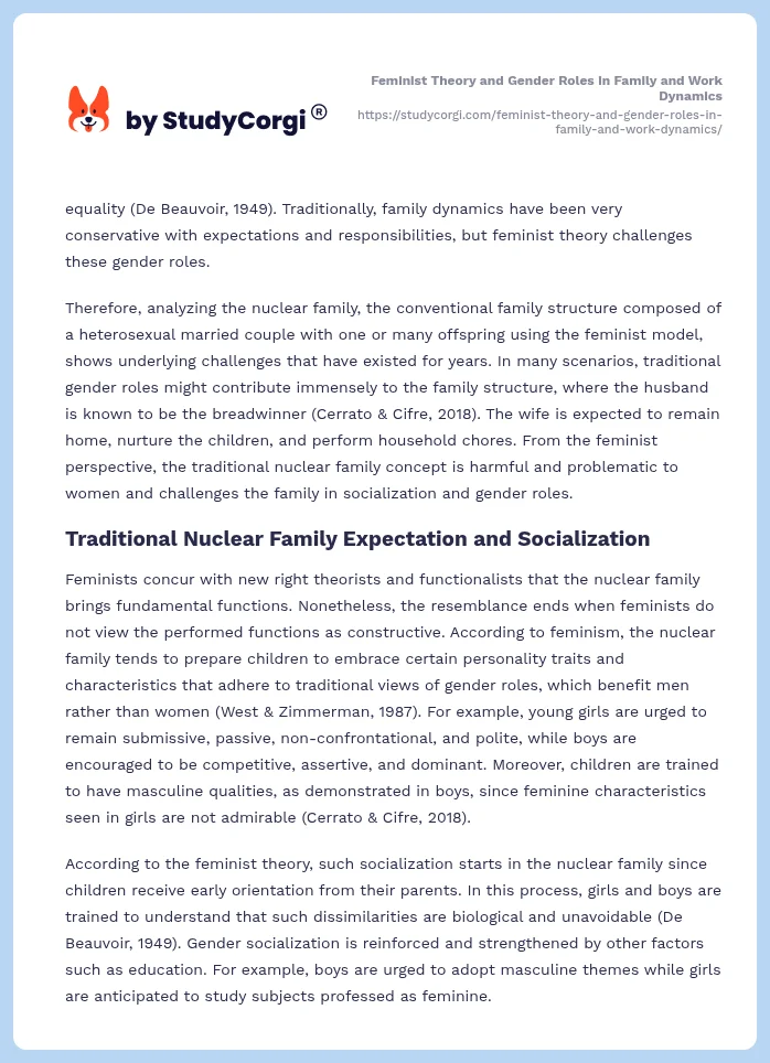 Feminist Theory and Gender Roles in Family and Work Dynamics. Page 2