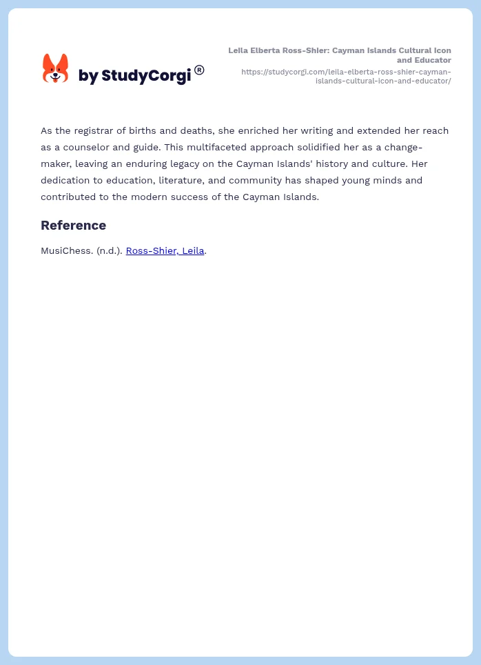 Leila Elberta Ross-Shier: Cayman Islands Cultural Icon and Educator. Page 2