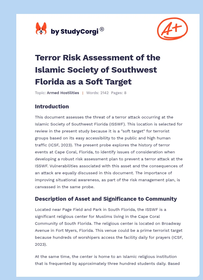 Terror Risk Assessment of the Islamic Society of Southwest Florida as a Soft Target. Page 1