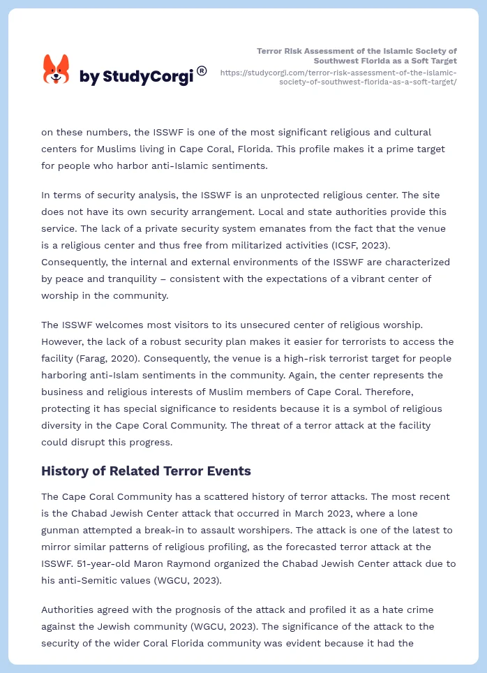 Terror Risk Assessment of the Islamic Society of Southwest Florida as a Soft Target. Page 2