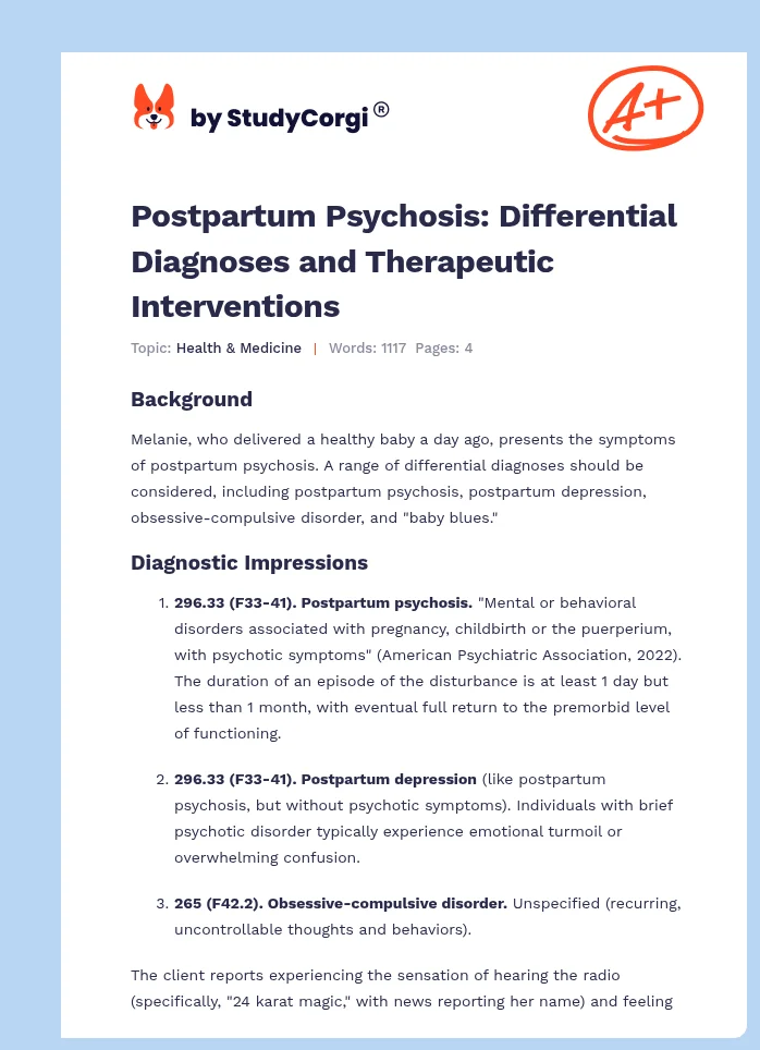 Postpartum Psychosis: Differential Diagnoses and Therapeutic Interventions. Page 1