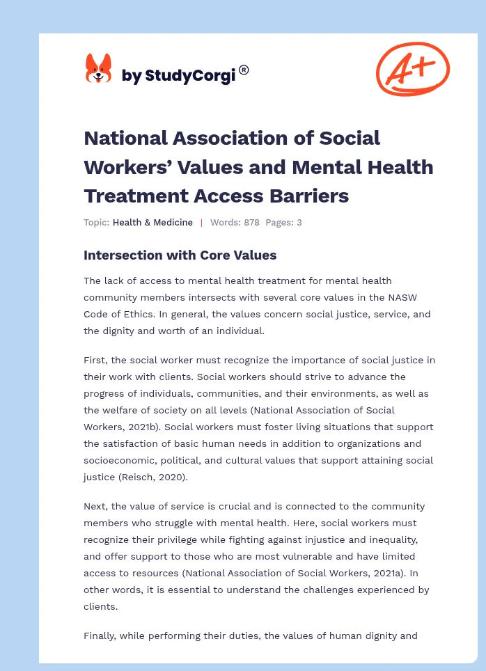 National Association of Social Workers’ Values and Mental Health Treatment Access Barriers. Page 1