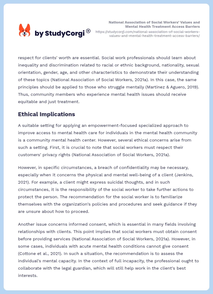 National Association of Social Workers’ Values and Mental Health Treatment Access Barriers. Page 2